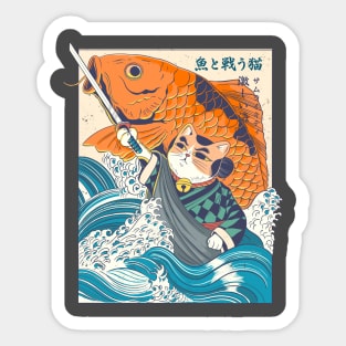 Samurai cat and koi fish Sticker